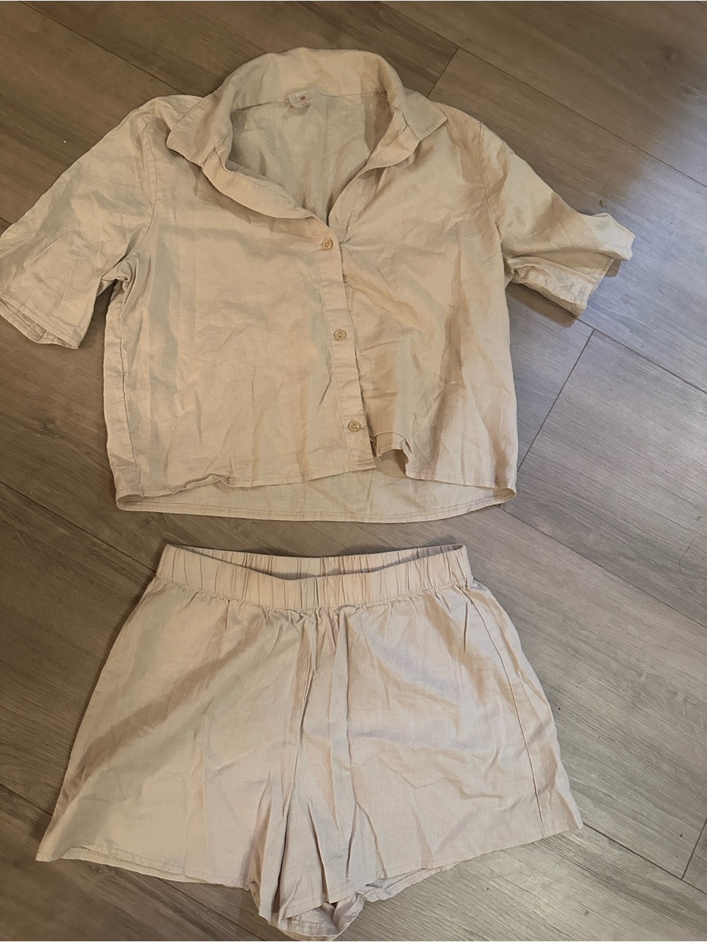 Shade & Shore Cream Short Set - Boxy Button Crop Top & Elastic Waist Shorts